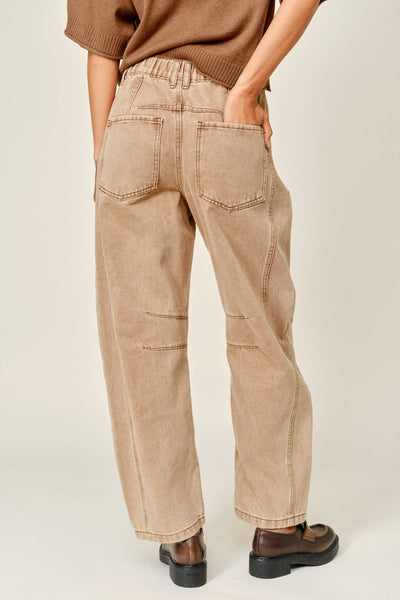 EMBROIDERED DETAIL COTTON BARREL PANTS: RUST
