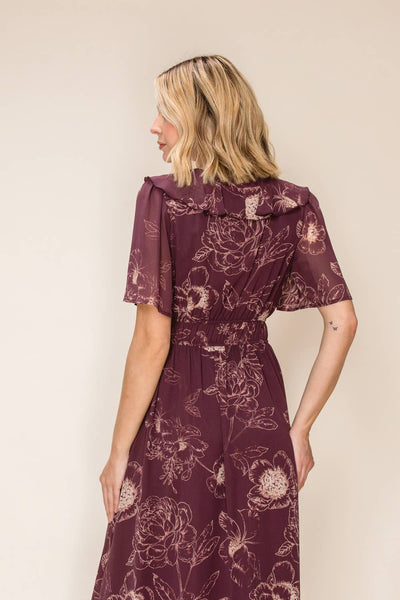 Ruffled V-Neck Midi Dress: Burgundy