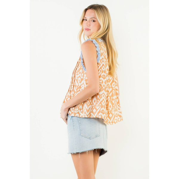 Sleeveless Abstract Pattern Top: BEIGE / XS-S-M-L(1-2-2-1) - Lulu Bella Boutique