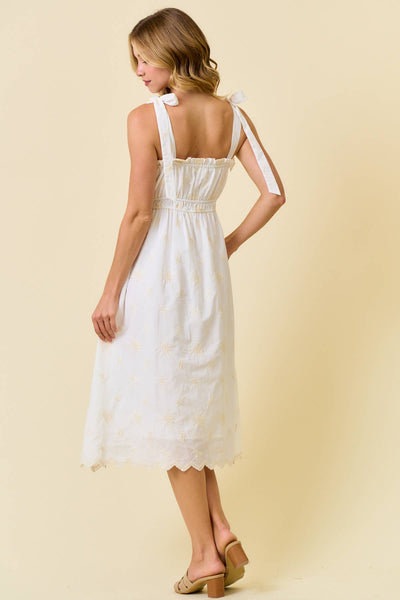 EMBROIDERED SCALLOP EYELET TIE SHOULDER MIDI DRESS - 28286D: IVORY/NATURAL / S - Lulu Bella Boutique