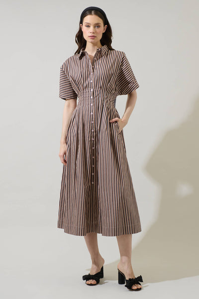 Barkline Stripe Wilderra Pleated Midi Dress: BrownMulti / XS - Lulu Bella Boutique