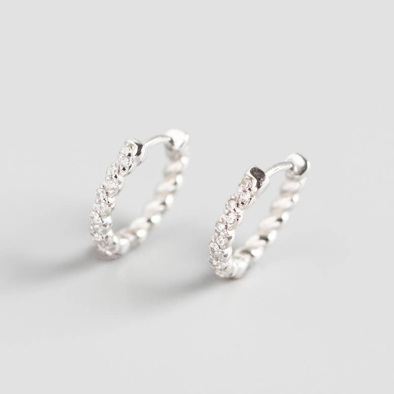 E033 gold hoop earrings, paved earrings, silver earrings: Silver