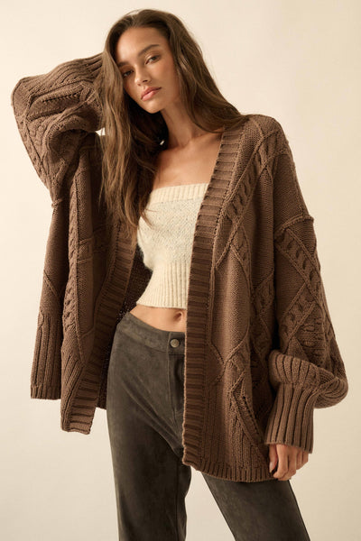 Cable-Knit Oversize Balloon-Sleeve Cardigan: Mocha / S - Lulu Bella Boutique