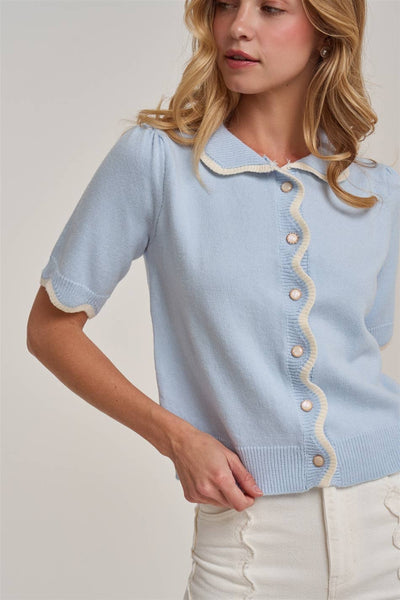 SCALLOPED BUTTON FRONT CARDIGAN WITH PETER PAN COLLAR: BLUE/IVORY / S-M-L(2-2-2) - Lulu Bella Boutique