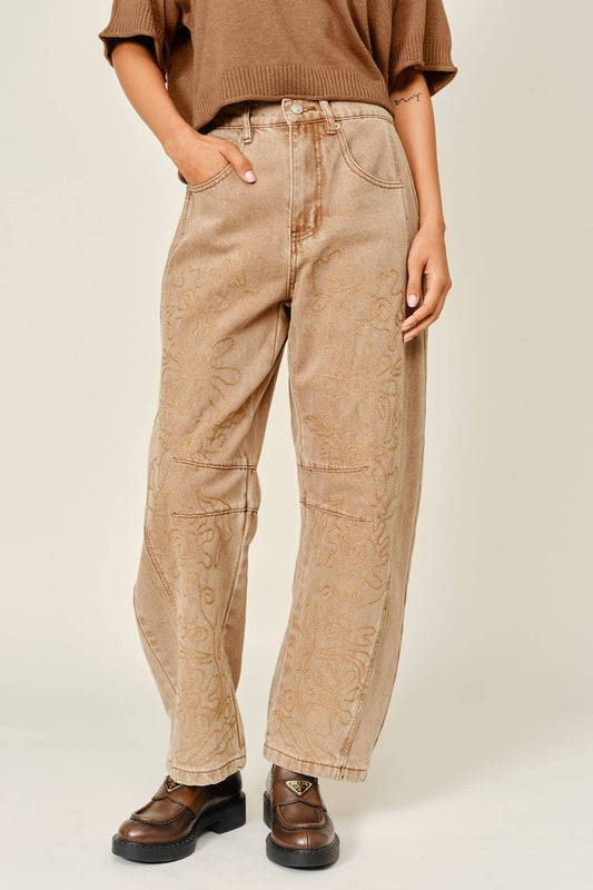 EMBROIDERED DETAIL COTTON BARREL PANTS: RUST