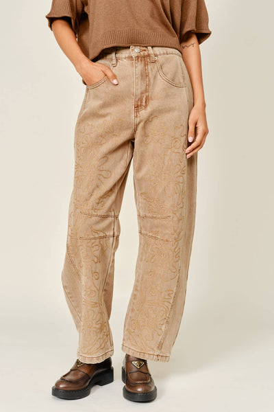 EMBROIDERED DETAIL COTTON BARREL PANTS: RUST