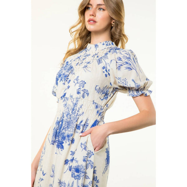 Floral Print Short Sleeve Maxi Dress: BLUE / XS-S-M-L(1-2-2-1) - Lulu Bella Boutique