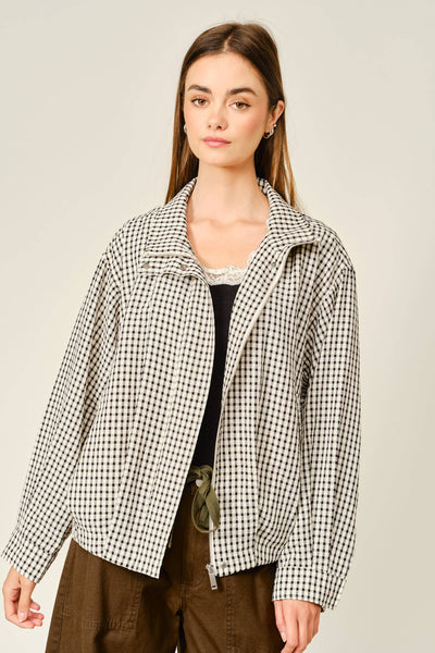 PLAID FUNNEL NECK BOMBER JACKET: ECRU/BLACK