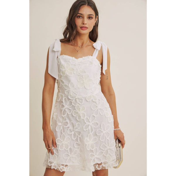 PARIS EVENING LACE FLORAL EMBROIDERY MINI WITH SHOULDER TIE: CREAM / S - Lulu Bella Boutique