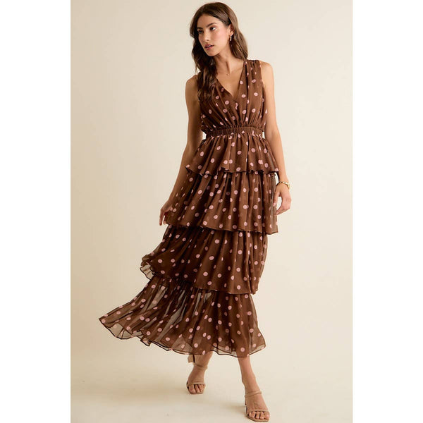 POLKA DOT CHIFFON TIERED MAXI LINED SLEEVELESS DRESS: BROWN/PINK