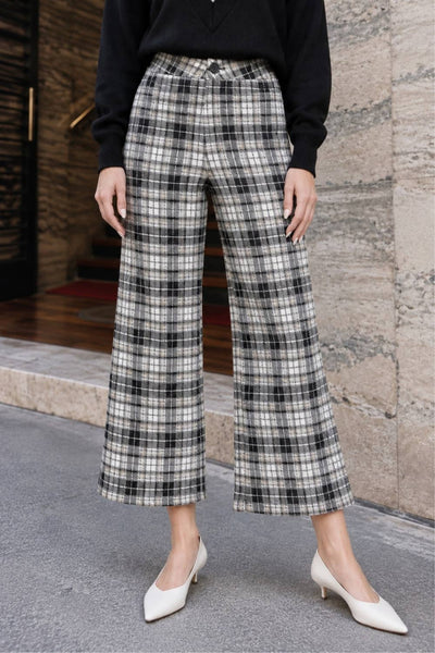 PLAID WIDE LEGS CROPPED PANTS: BLACK/TAUPE