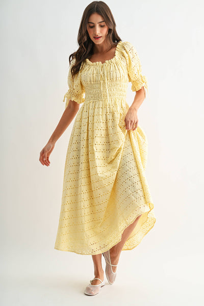 Eyelet Maxi Dress with Smocked Bodice Puff Sleeves: LT.YELLOW - Lulu Bella Boutique