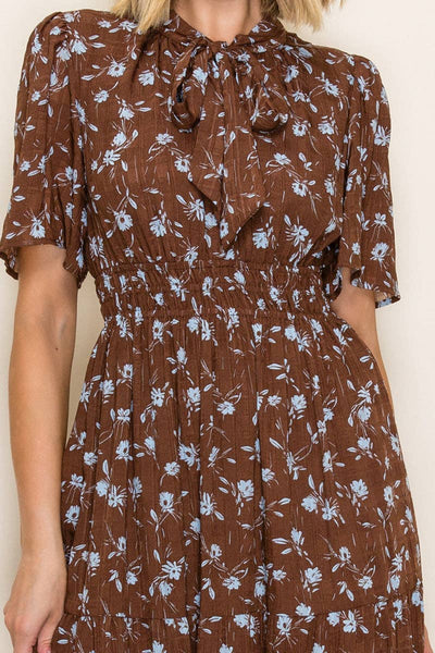 Ditsy Floral Tiered Midi Dress: Brown