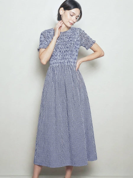 Round Neck Half Sleeve Smocked Cotton Gingham Midi Dress: Blue / S - Lulu Bella Boutique