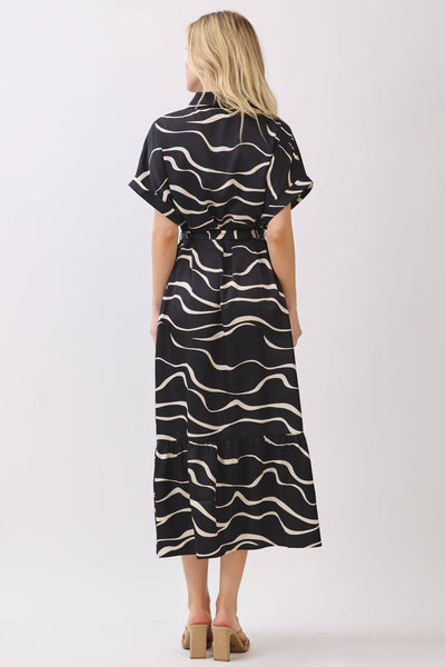 SATIN COLLARD BUTTON DOWN WAIST TIE MIDI DRESS: Black