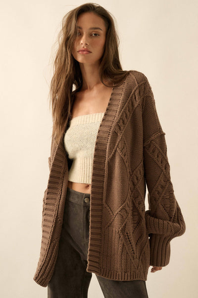 Cable-Knit Oversize Balloon-Sleeve Cardigan: Mocha / S - Lulu Bella Boutique