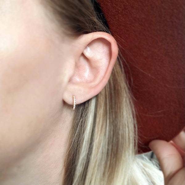 18k Gold Filled Thin Line Cubic Zirconia C Hoop Earrings: 18mm - Lulu Bella Boutique