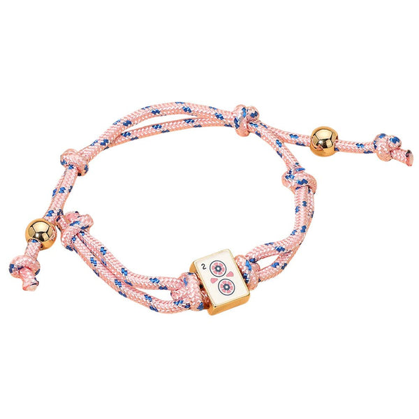 Mahjong Tile Charm Accent Knotted Cord Adjustable Cinch Pull Tie Bracelet: Gold,Pink