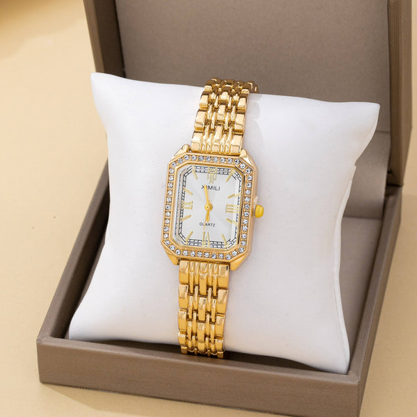 ENCRUSTED BEZEL RECTANGLE FACE BAND BRACELET WATCH | 80W005: GOLD-WHITE - Lulu Bella Boutique