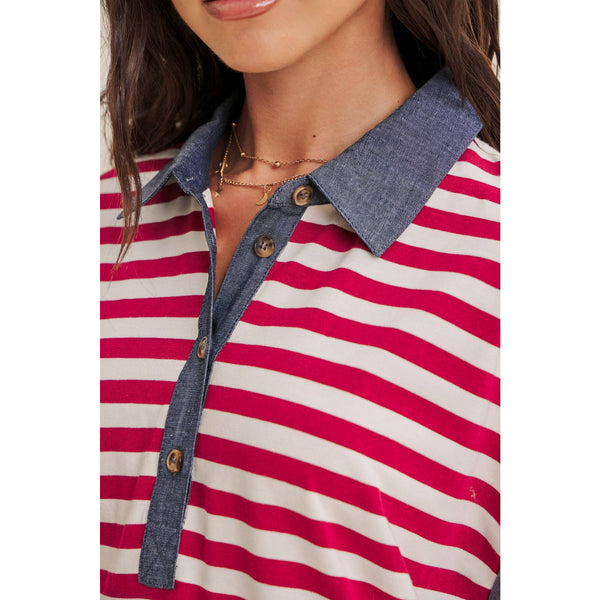 YACHT CLUB RELAXED FIT CASUAL STRIPE POLO MINI DRESS: BURGUNDY/CREAM