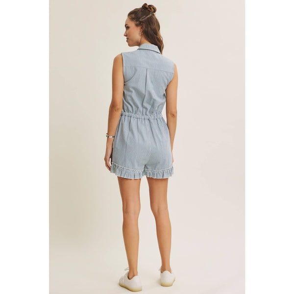 SUN-FILLED DAYS BREEZY COTTON STRIPE BUTTON-FRONT ROMPER: LT. BLUE / S - Lulu Bella Boutique