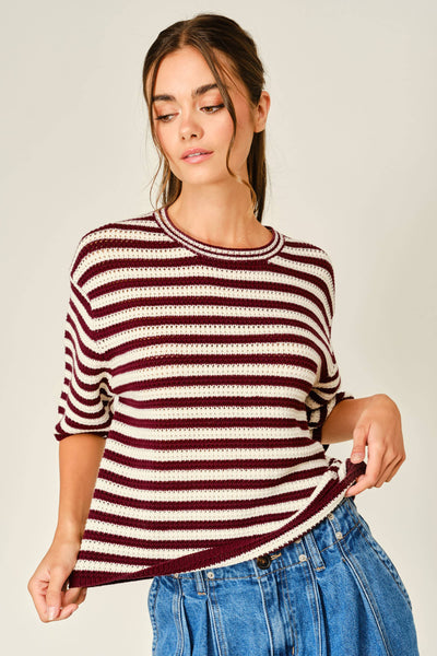 CROCHET STRIPED SHORT SLEEVE SWEATER TOP: WINE / IVORY