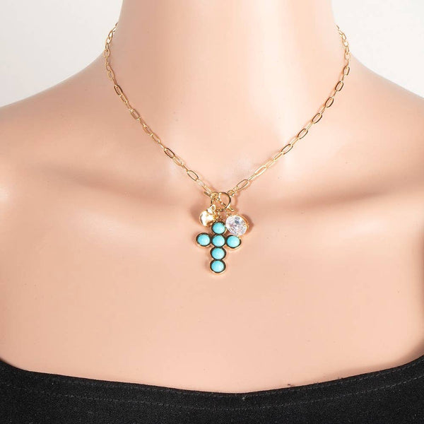 Studded Cross And Faceted Gem Pendant Toggle Chain Necklace: TQ - Lulu Bella Boutique
