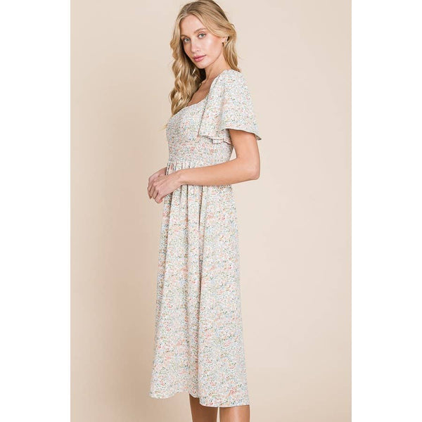 Floral Print Square Neck Smocked Midi Dress: Cream - Lulu Bella Boutique
