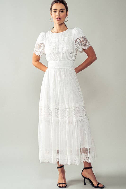 Lace Trim Cap Sleeve White Maxi Dress: Ivory S Lace Trim Cap Sleeve White Maxi Dress: Ivory S