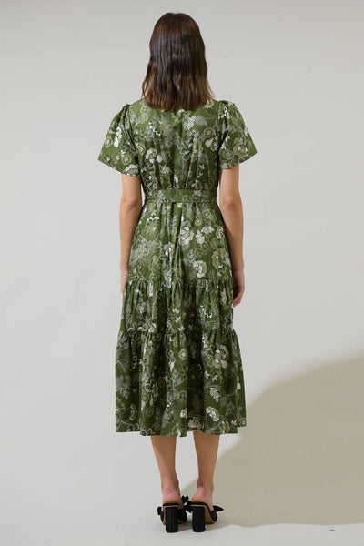 Hazleton Floral Britt Poplin Tiered Midi Dress: CREAM-OLIVE / M - Lulu Bella Boutique