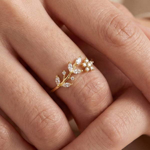 Delicate Rhinestone Leaf Open Ring: G - Lulu Bella Boutique