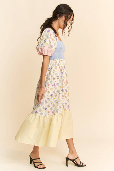 PLUS FLORAL BOUQUET PUFF SLEEVE TIERED DRESS: PASTEL YELLOW MULTI / 2XL - Lulu Bella Boutique