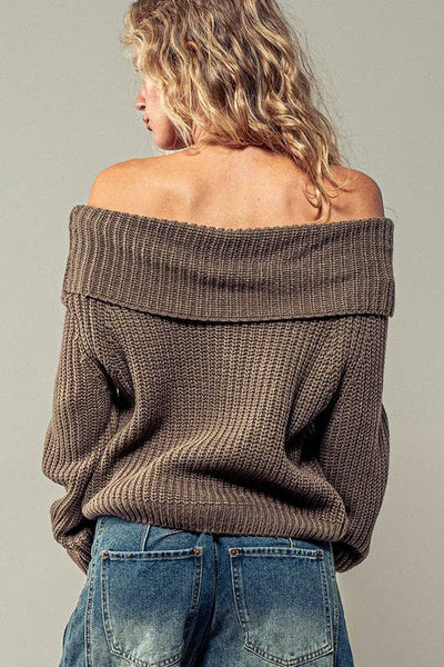 OFF SHOULDER FOLD DOWN COLLAR RIB KNIT SWEATER: OLIVE