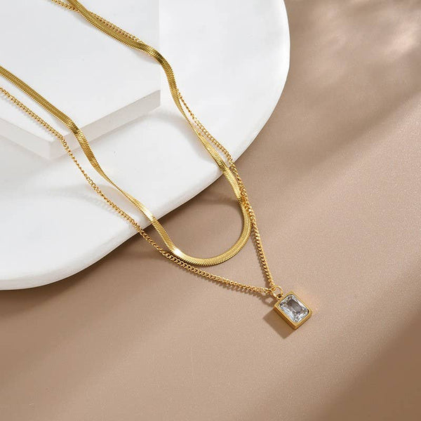 18K STAINLESS STEEL TARNISH FREE LAYERED NECKLACE | 40NK9665: CRYSTAL - Lulu Bella Boutique