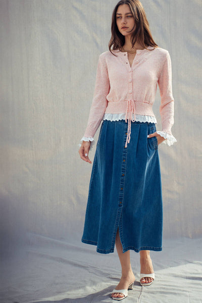 Button-Front Denim Midi Skirt: DENIM / S-2/M-2/L-2 - Lulu Bella Boutique