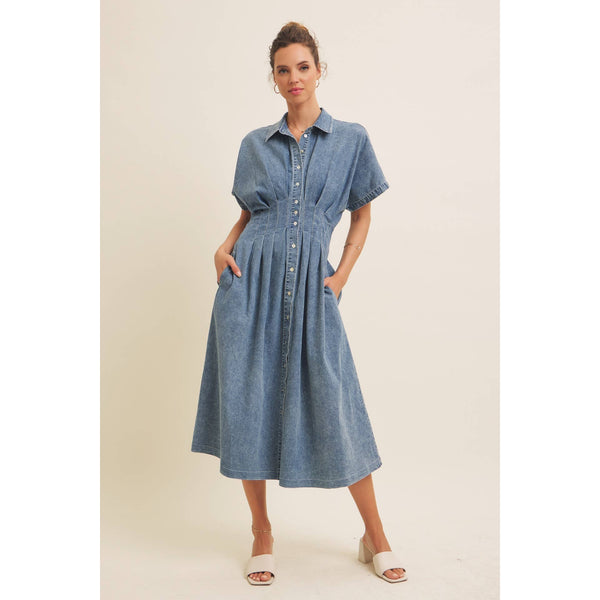 STRETCHY DENIM MIDI DRESS WITH MINERAL-WASHED: WASHED DENIM / L - Lulu Bella Boutique