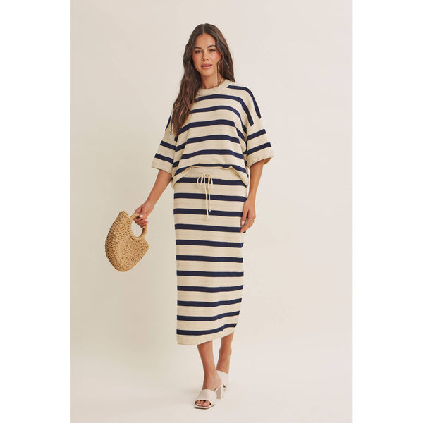 WEEKEND IN CANNES SOFT DRAPE COTTON STRIPE SET: NATURAL/NAVY