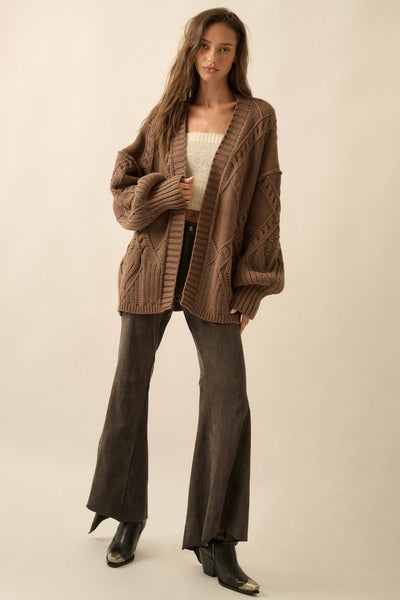 Cable-Knit Oversize Balloon-Sleeve Cardigan: Mocha / S - Lulu Bella Boutique