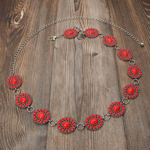 Boho Vintage Western Turquoise Stone Concho Chain Belt: Turquoise - Lulu Bella Boutique