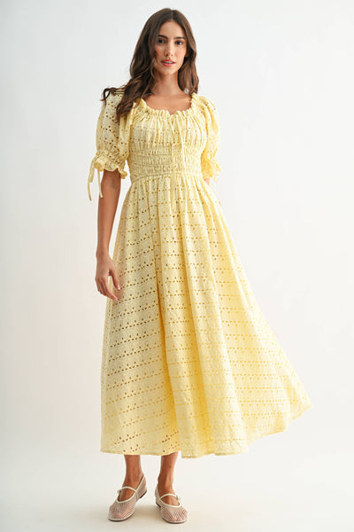 Eyelet Maxi Dress with Smocked Bodice Puff Sleeves: LT.YELLOW - Lulu Bella Boutique