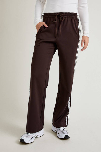 MID RISE SIDE STRIPE & LACE TRIM DETAIL TRACK PANTS: BROWN-WHITE - Lulu Bella Boutique