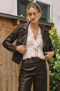 Distressed Faux Leather Moto Jacket: COCO BROWN / XS - Lulu Bella Boutique