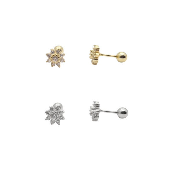 CZ Flower Diamond Screw Back Earrings: Yellow Gold