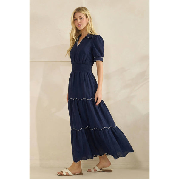 Collared neckline, puff sleeves, smocked waist, and scallope: Navy / S - Lulu Bella Boutique
