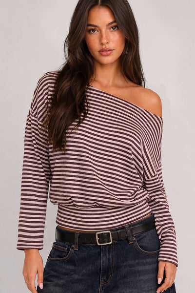 Off-Shoulder Stripe Top: PINK/WINE