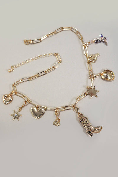 INTERCHANABLE WESTERN BOOT HAT CHARM NECKLACE | 80N1189: Gold