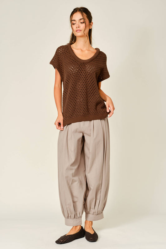TENCEL SHIRRING BARREL BALLOON PANTS: LATTE