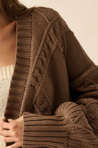 Cable-Knit Oversize Balloon-Sleeve Cardigan: Mocha / S - Lulu Bella Boutique