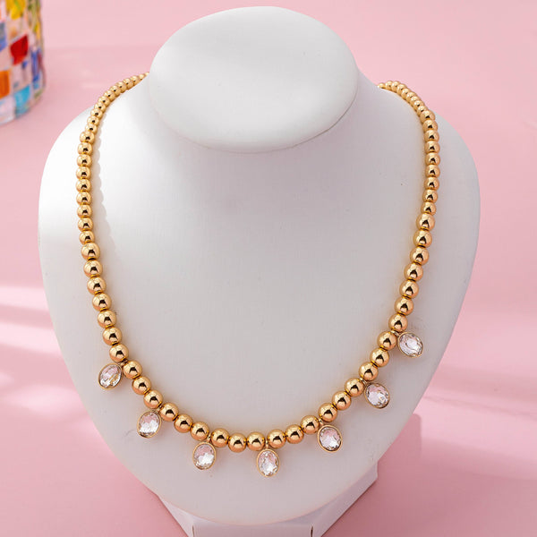 Oval Stone Beaded Ball Chain necklace: GOLD
