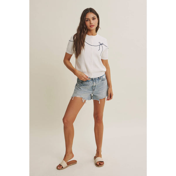 FRENCH MORNING BOW EMBROIDERED BUTTON-DOWN COTTON CARDIGAN: OFF WHITE / S - Lulu Bella Boutique
